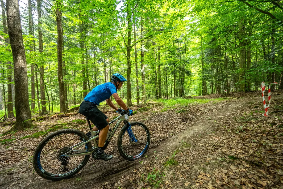 Zawodnik Wyścigu MTB Czudec na leśnym singletracku